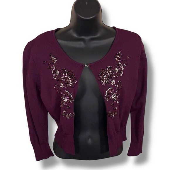 Small Purple Beaded Cardigan Cropped 3/4 Sleeve Retro Pinup Event Party Wedding - Picture 1 of 15